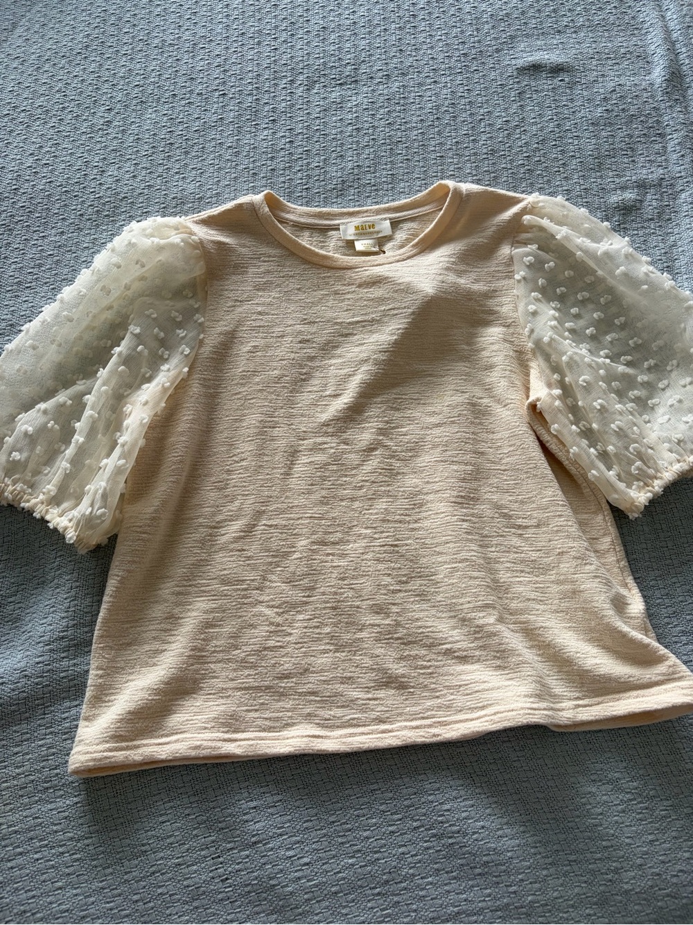 Mauve Knit Top with Sheer Dot Puff Sleeves